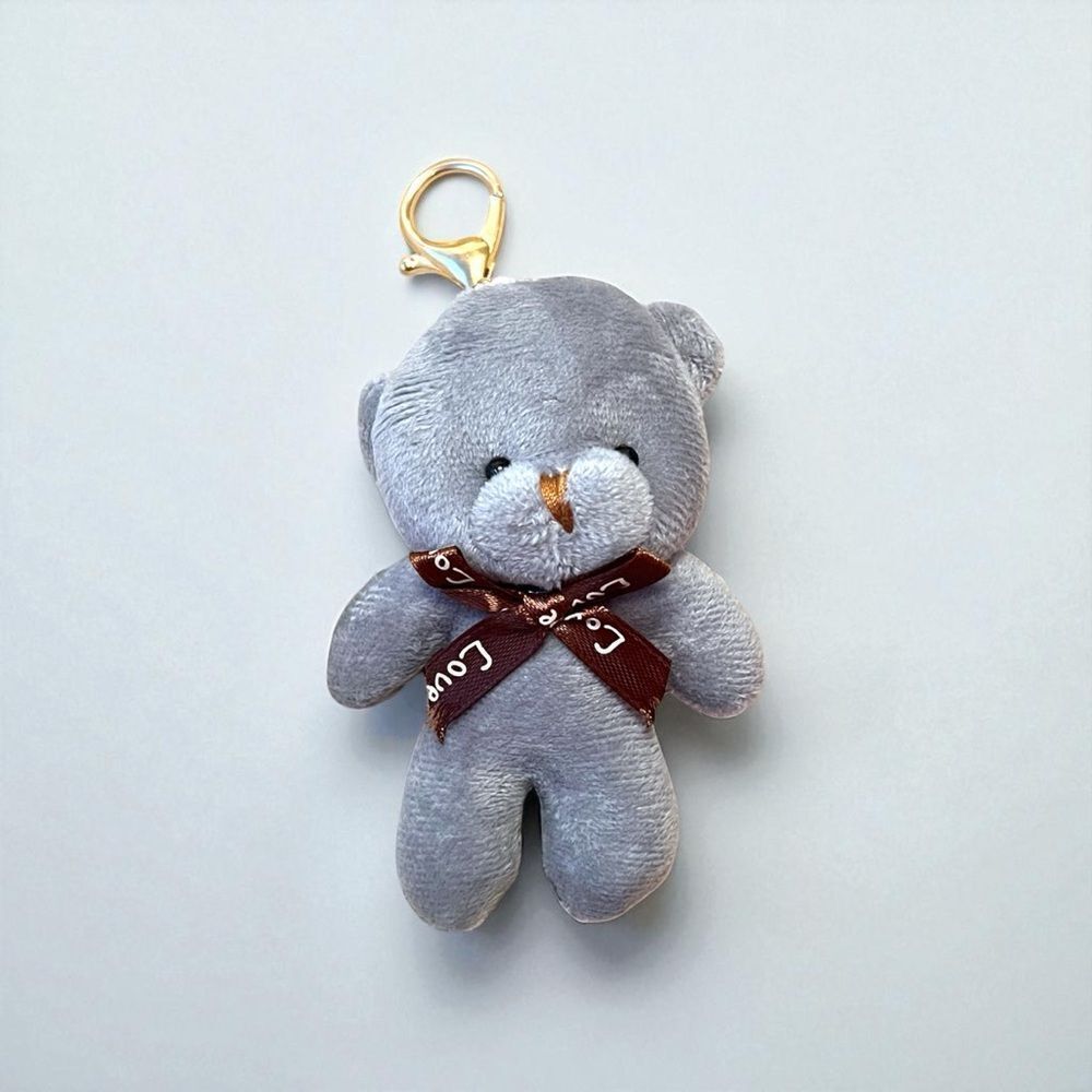 Cute Plush Gray Bear With Brown Bow Keychain
